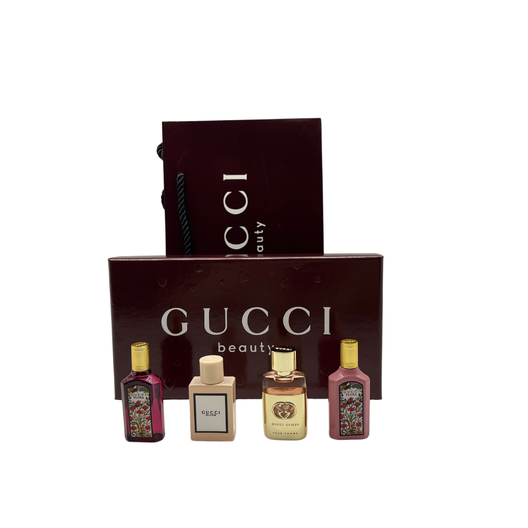 3 Gucci Mini Luxury Perfume Sample Set (4 pieces) Red Box Gardenia Dream (5ml) Gardenia Dream Rich (5ml) Guilty Gold (5ml) Pink Floral (5ml) - Image 1